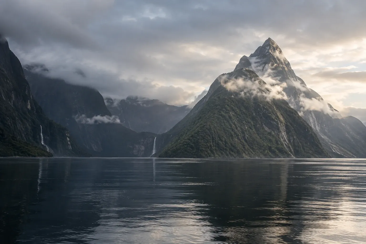 Mitre Peak and a quiet fjord at Milford Sound / Piopiotahi