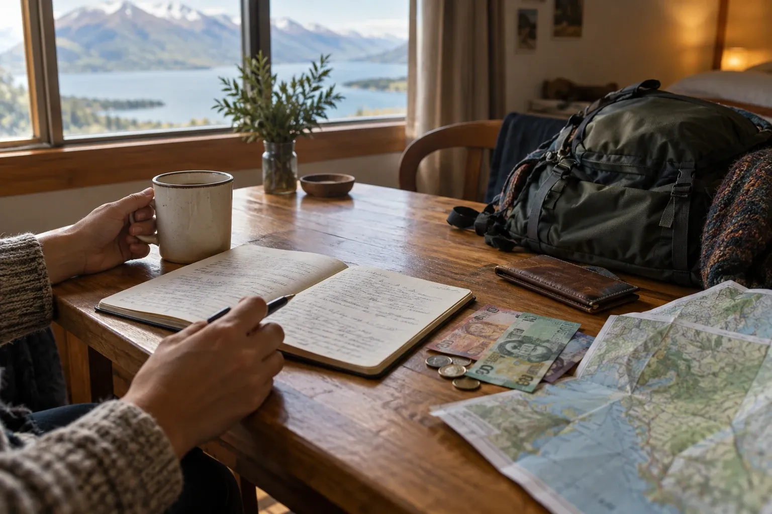 A traveller weighing savings and trip essentials before arriving in New Zealand