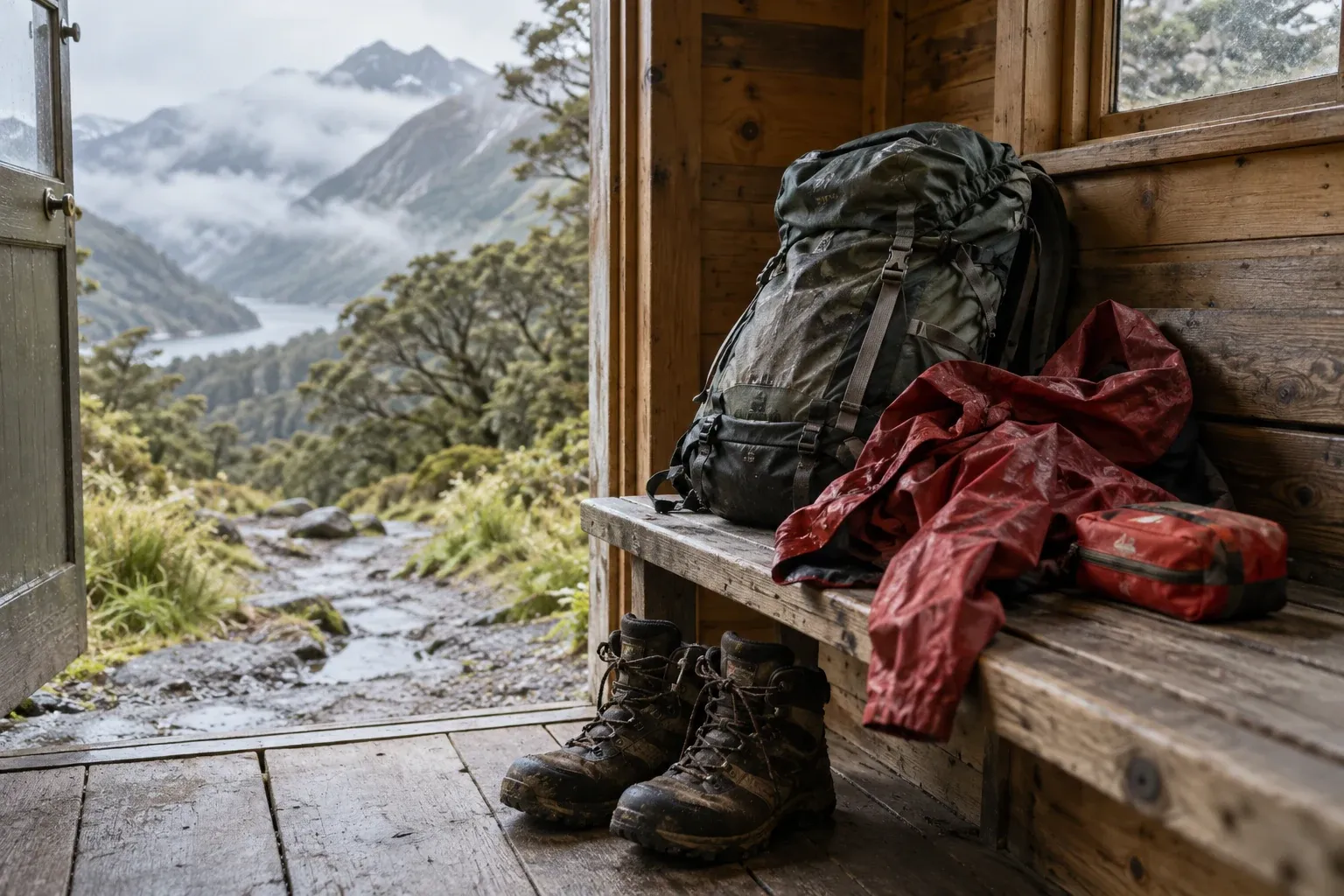 Wet-weather hiking gear ready for a mountain walk in New Zealand