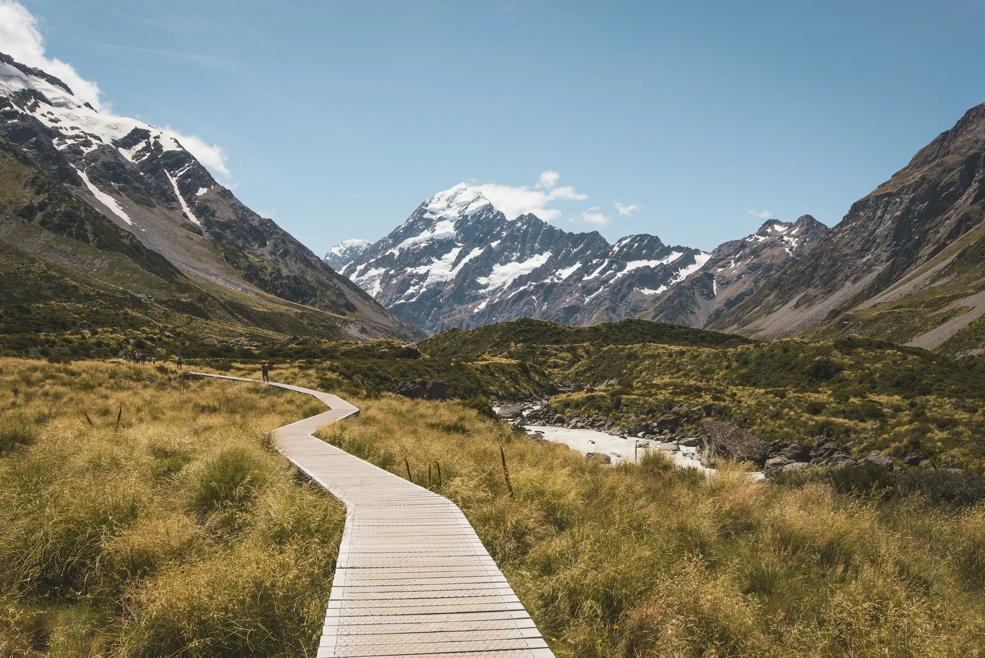 Wooden walkway on the Hooker Valley Track hiking trail